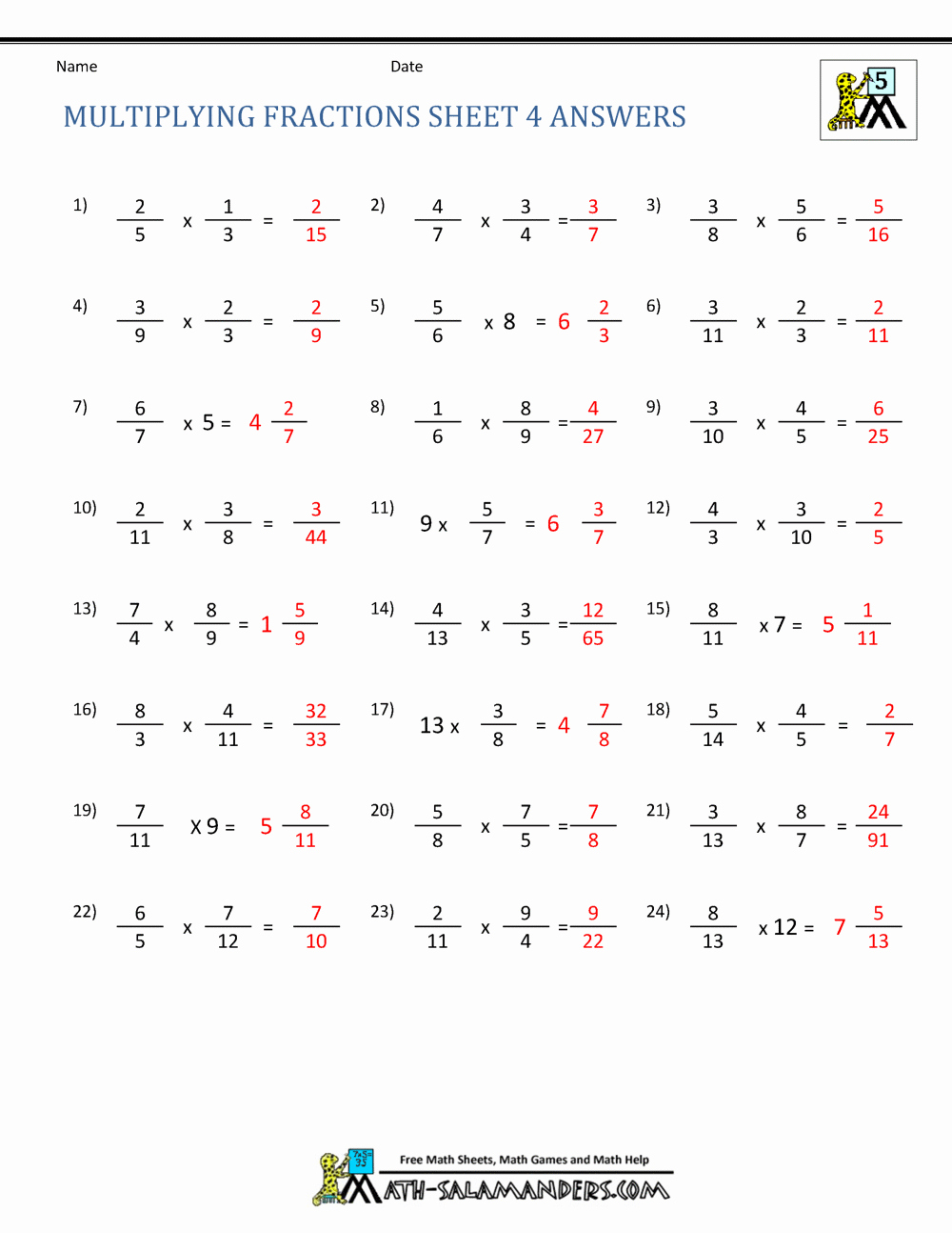 Multiplying Fractions Worksheets with Answers Inspirational Multiplying Fractions