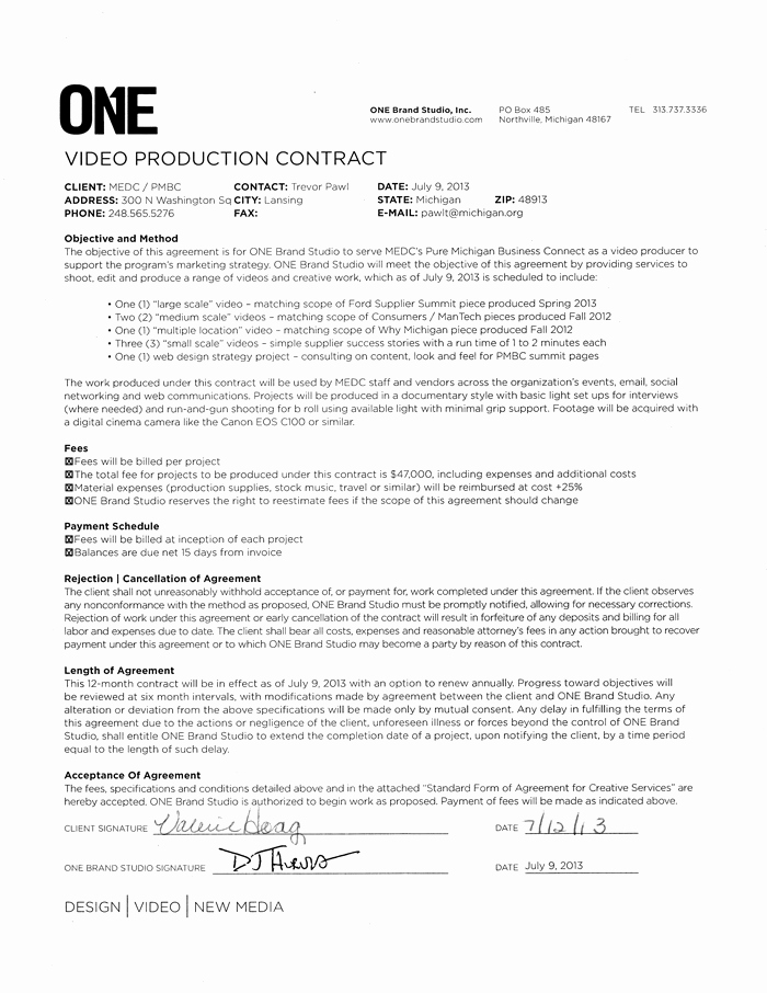 Music Producer Agreement Template Elegant Video Production Contract 6 Printable Contract Samples