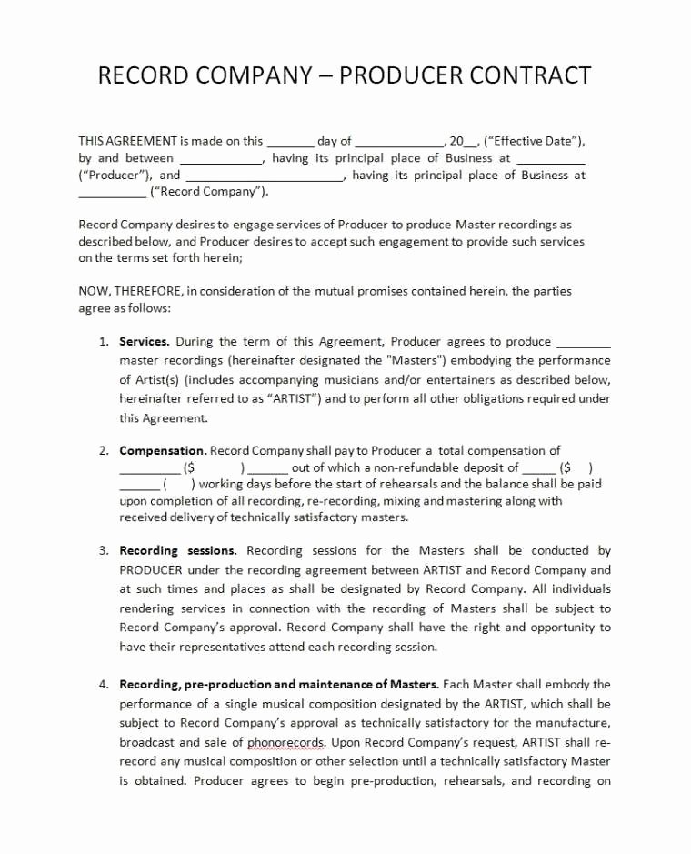 Music Producer Agreement Template Lovely Music Producer Agreement Template Plete Record Label