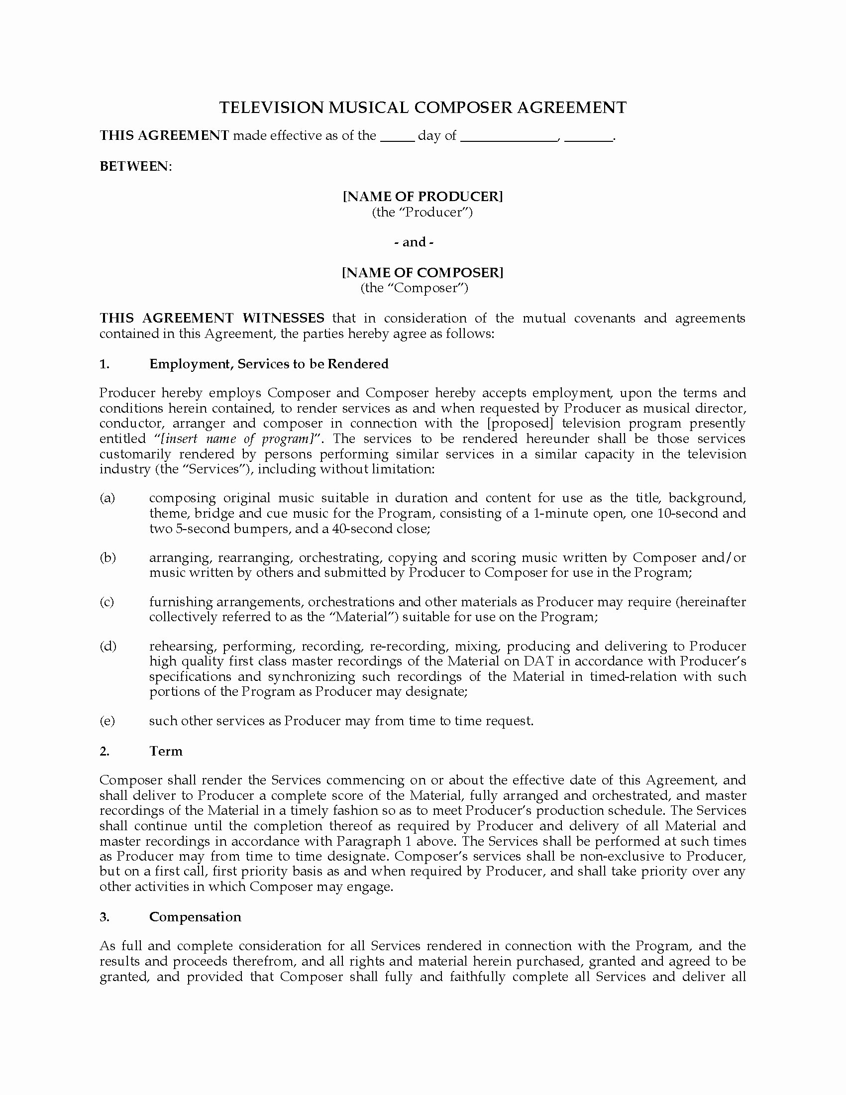 Music Producer Agreement Template New Television Music Poser Agreement