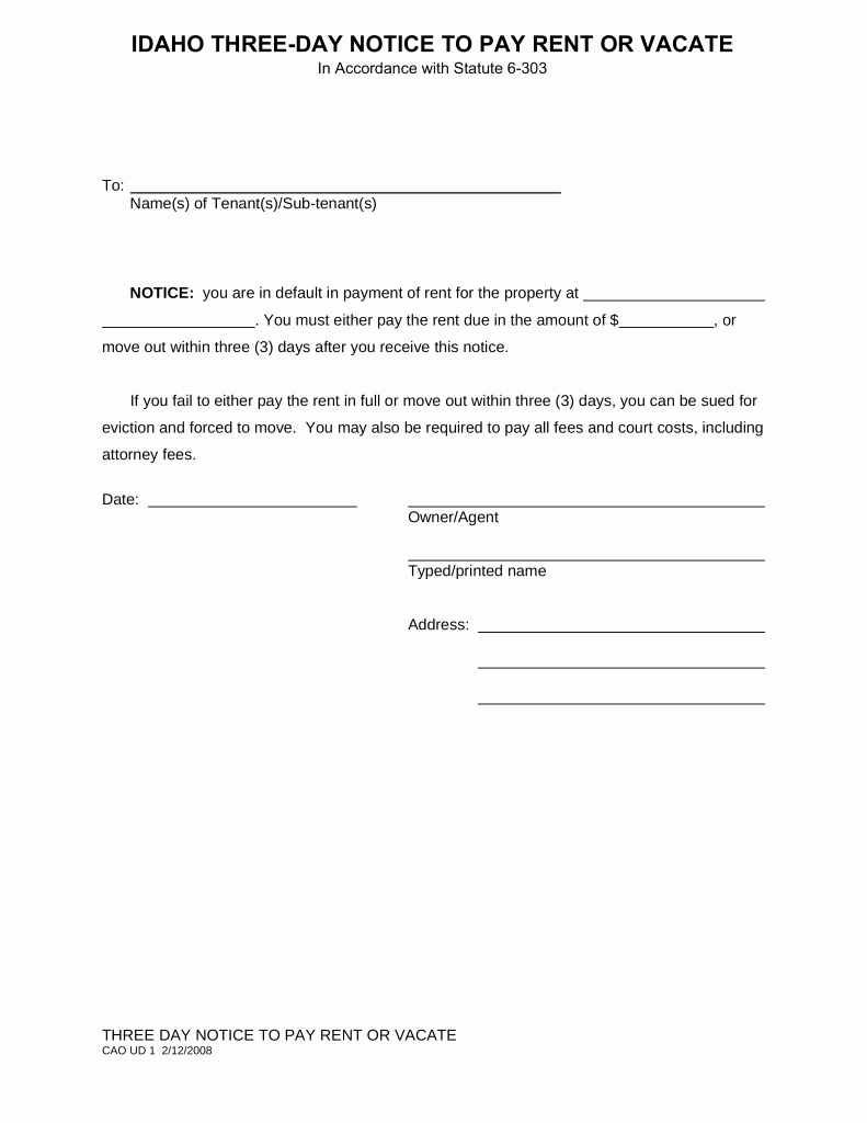 Non Payment Of Rent Letter Beautiful Idaho 3 Day Notice to Quit form – Non Payment Of Rent