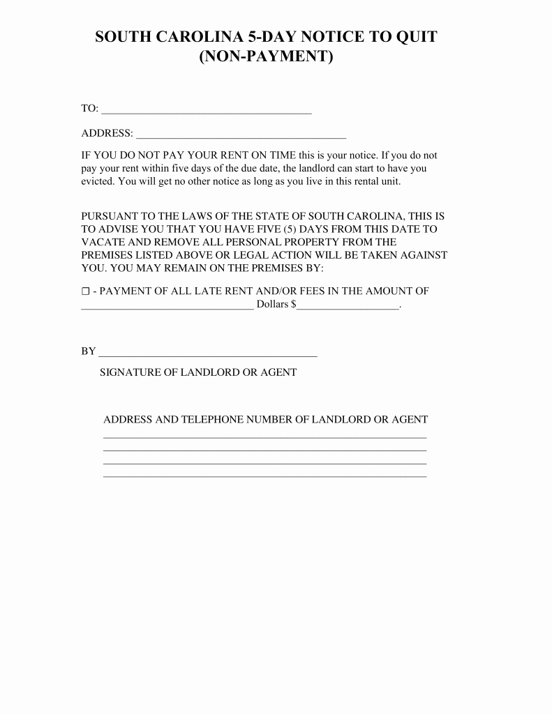 Non Payment Of Rent Letter Unique south Carolina 5 Day Notice to Quit form