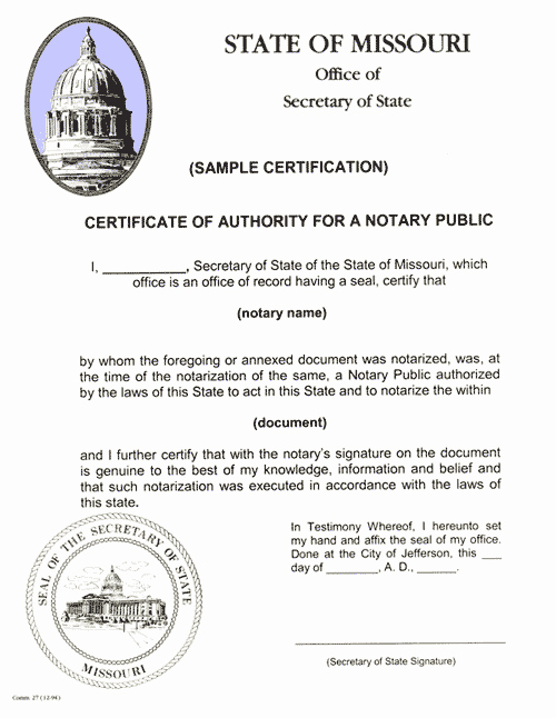 Notary Public Document Sample Unique Certification Authentication &amp; Apostilles Missouri
