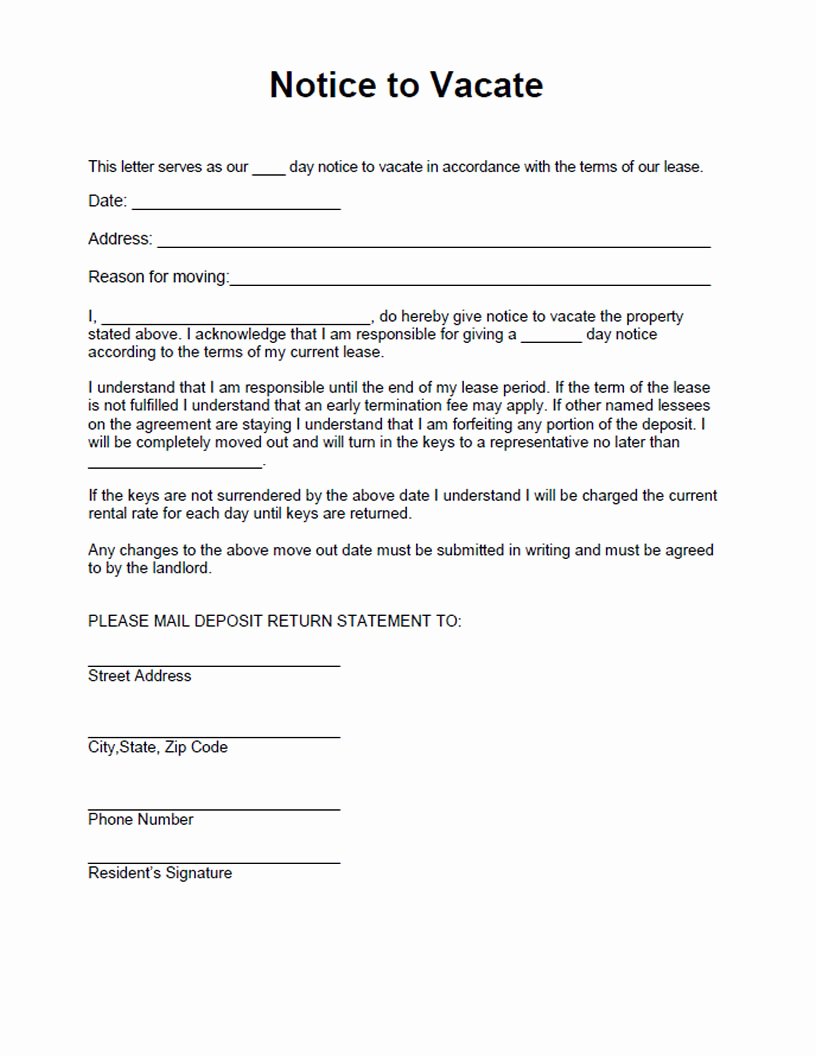 Notice to Landlord to Vacate Awesome Notice to Vacate form Free form for A Residential