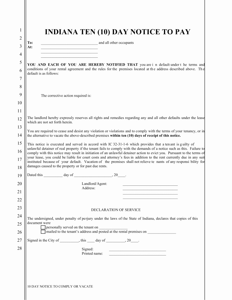 Notice to Vacate Rental New Indiana 10 Day Notice to Quit form