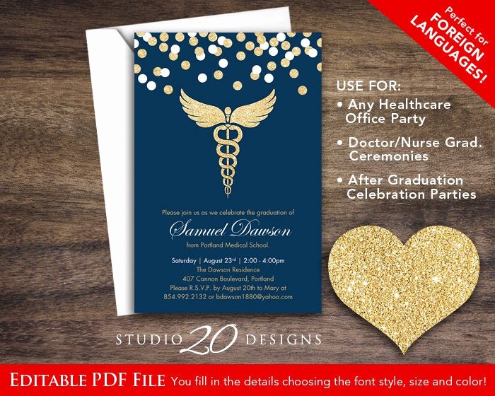 Nurse Graduation Invitations Printable Inspirational Instant Download Navy Gold Glitter Nursing Graduation