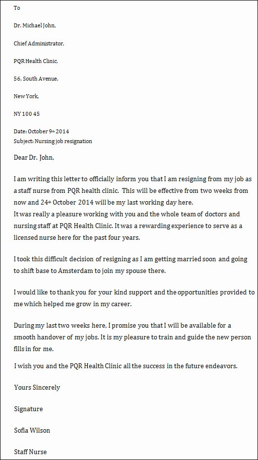 Nursing Letter Of Resignation Inspirational Nursing Resignation Letter