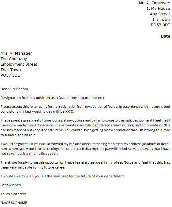 Nursing Resignation Letter Template New Nurse Resignation Letter Example Icover