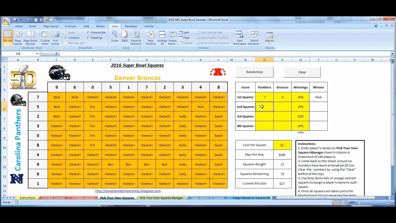 Office Football Pool Template Unique Super Bowl Squares 2016 Excel Template for Fice Pools