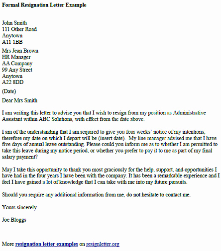 Official Letter Of Resignation Elegant formal Resignation Letter Example Resignletter