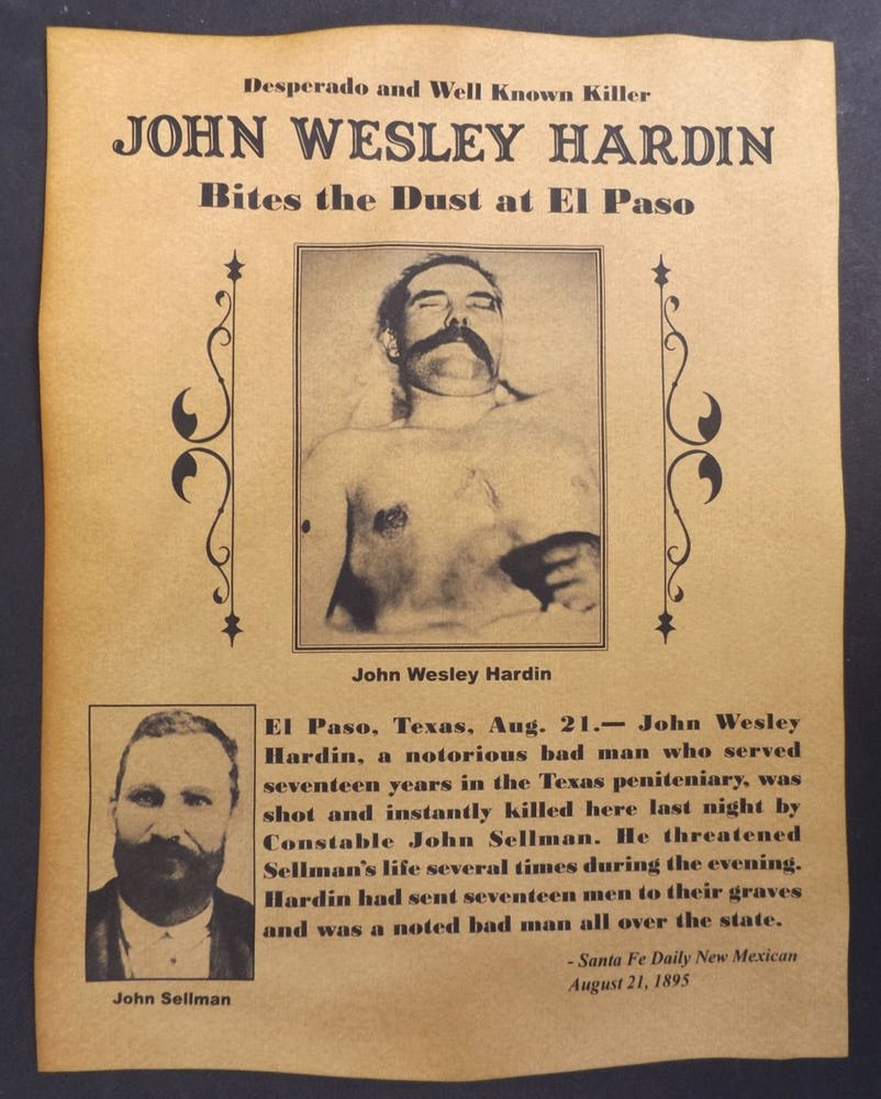 Old West Wanted Sign Elegant John Wesley Hardin Death Notice Poster Western Outlaw