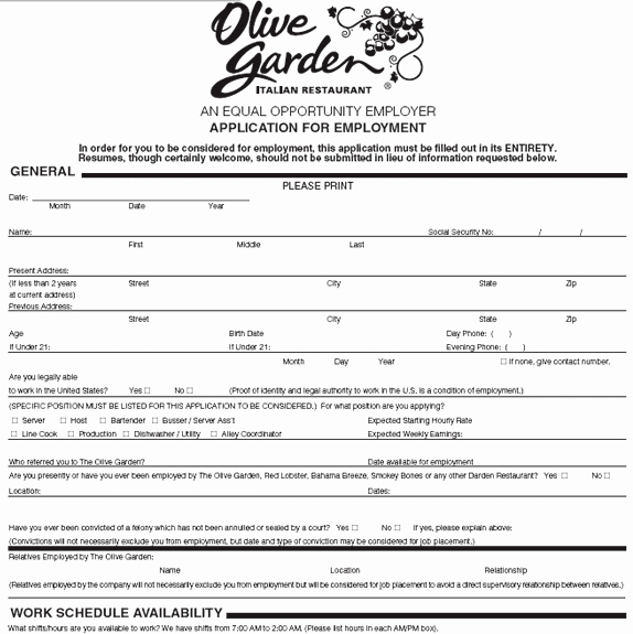 Online Printable Job Applications Lovely Olive Garden Application for Work Line Details