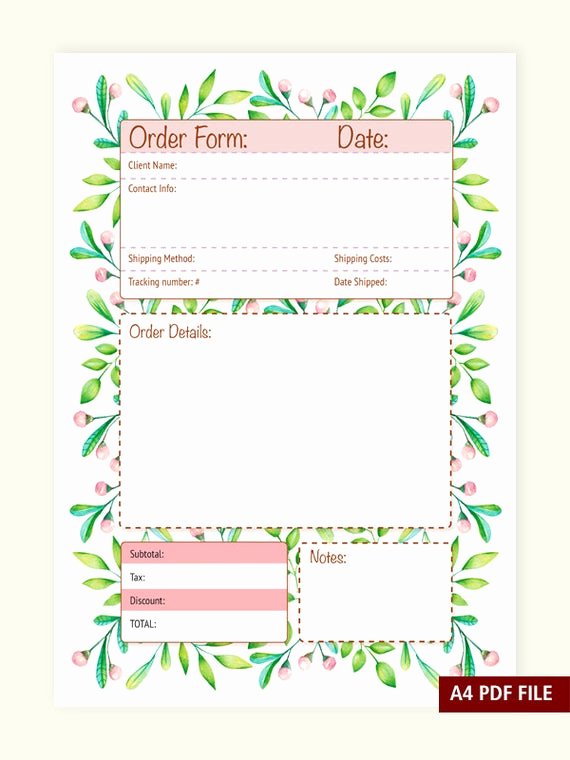 Order forms for Small Business Beautiful order form A4 Pdf File Instant Download organization