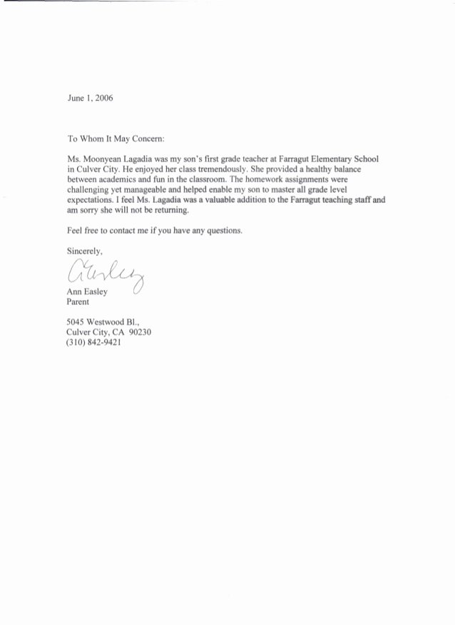 Parent Letter Of Recommendation Elegant Moonyean Newman Letter Of Re Mendation Ann Easley