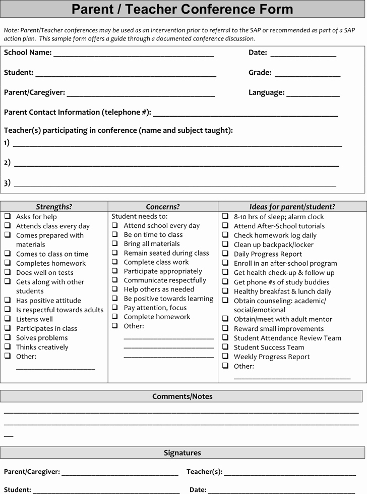 Parent Teacher Conference Sheet Awesome Parent Teacher Conference forms Template Free Download