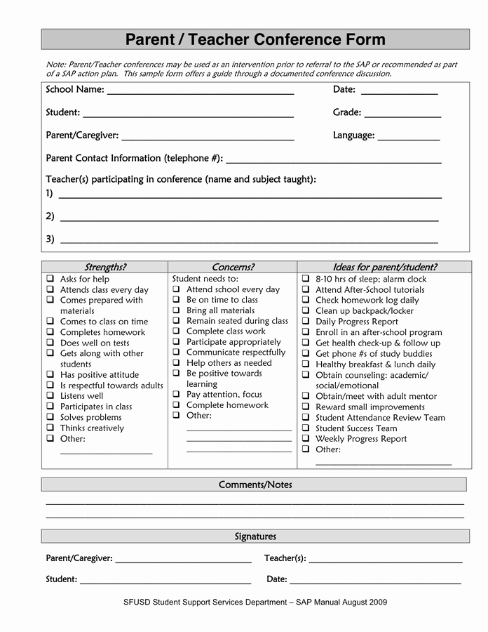 Parent Teacher Conference Sheet Elegant Parent Teacher Conference form In Word and Pdf formats