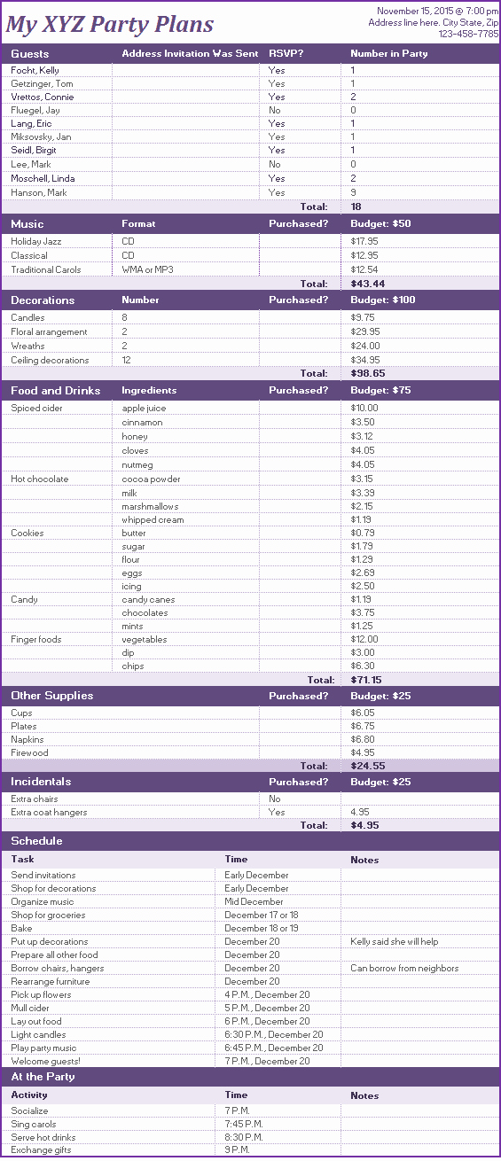 Party Planning Template Excel Unique Ms Excel event or Party Planner