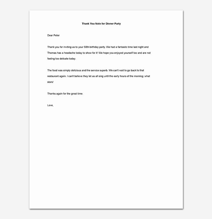 Party Thank You Note Fresh Thank You Note for Dinner format &amp; Sample Notes