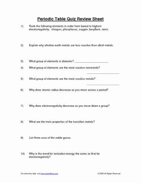 Periodic Table Practice Worksheet Best Of Periodic Table Quiz Review Sheet Worksheet for 9th 12th