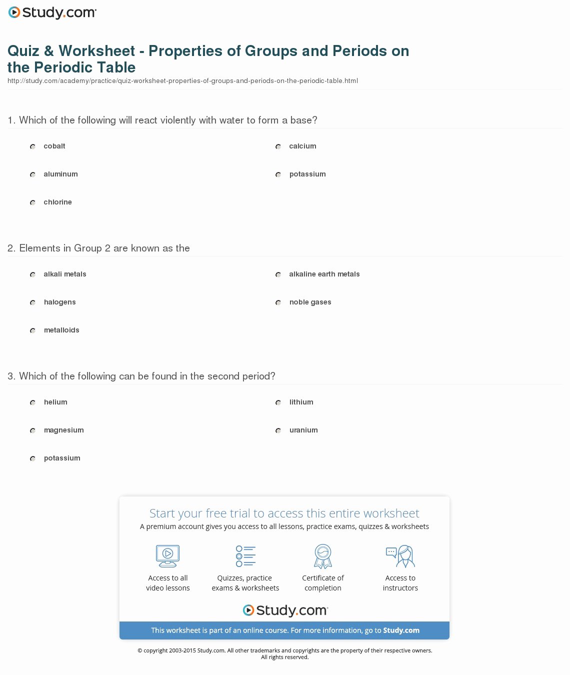 Periodic Table Practice Worksheet Elegant Quiz &amp; Worksheet Properties Of Groups and Periods On the
