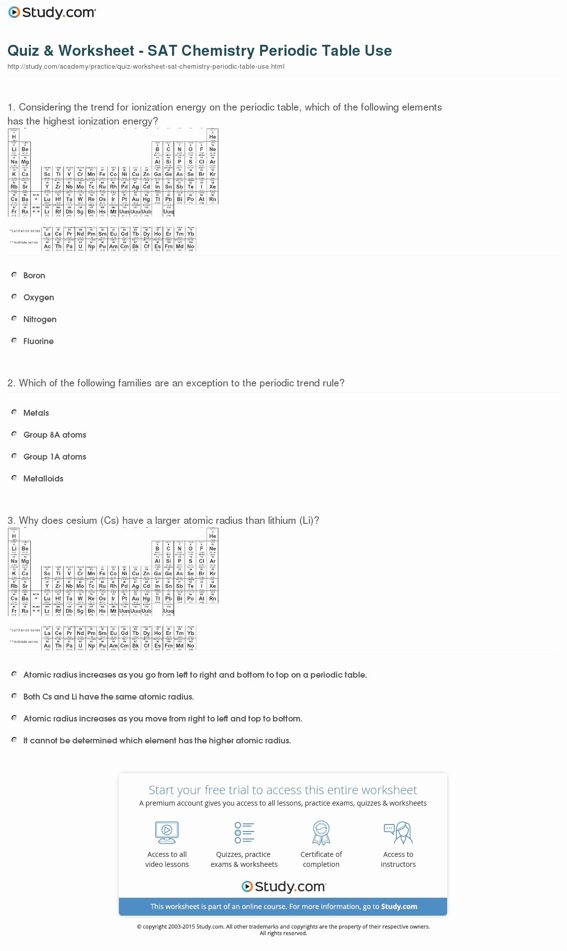 Periodic Table Practice Worksheet Elegant Quiz &amp; Worksheet Sat Chemistry Periodic Table Use