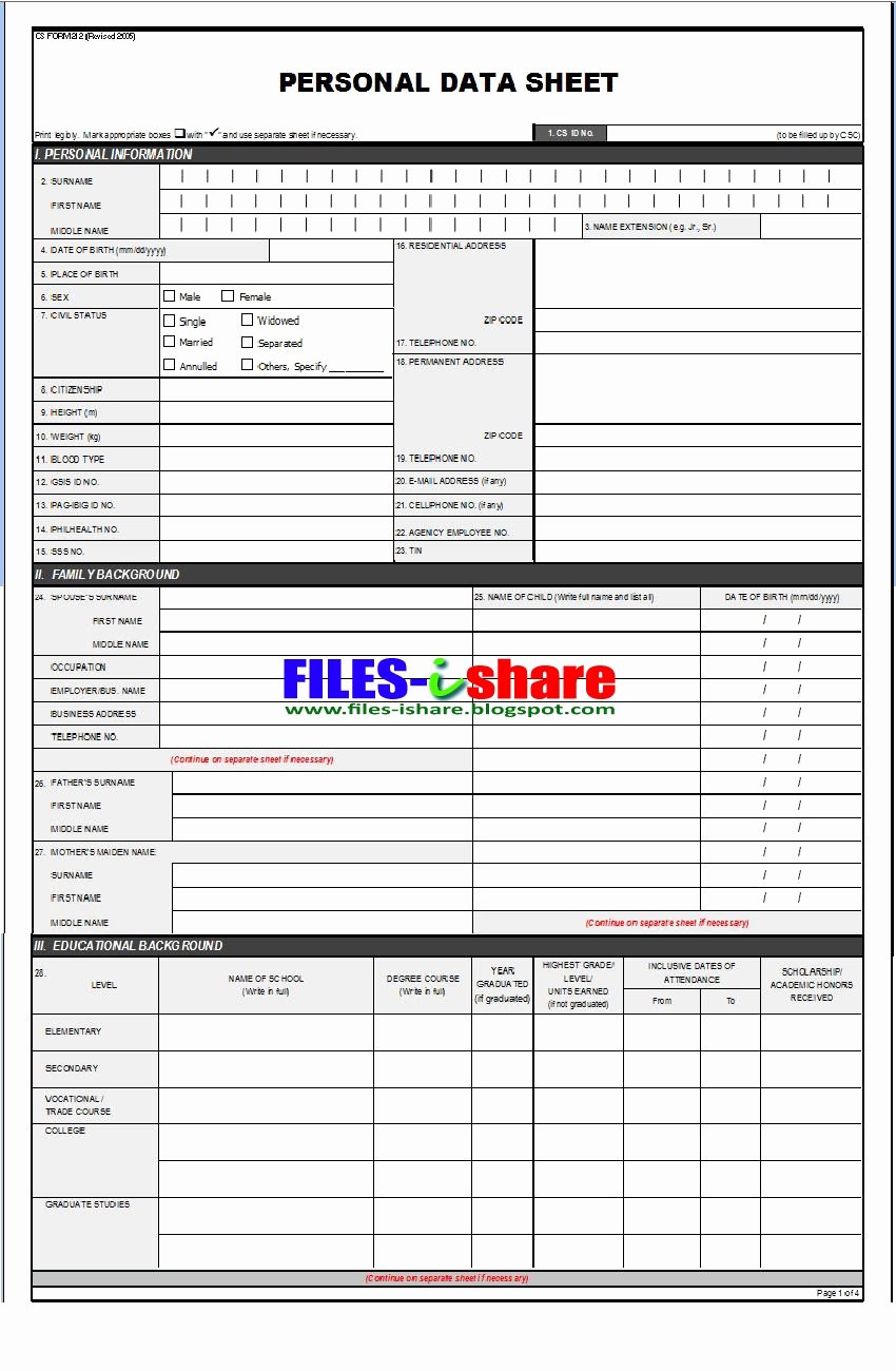 Personal Data Sheet format Inspirational Csc form 212 Personal Data Sheet Filesishare