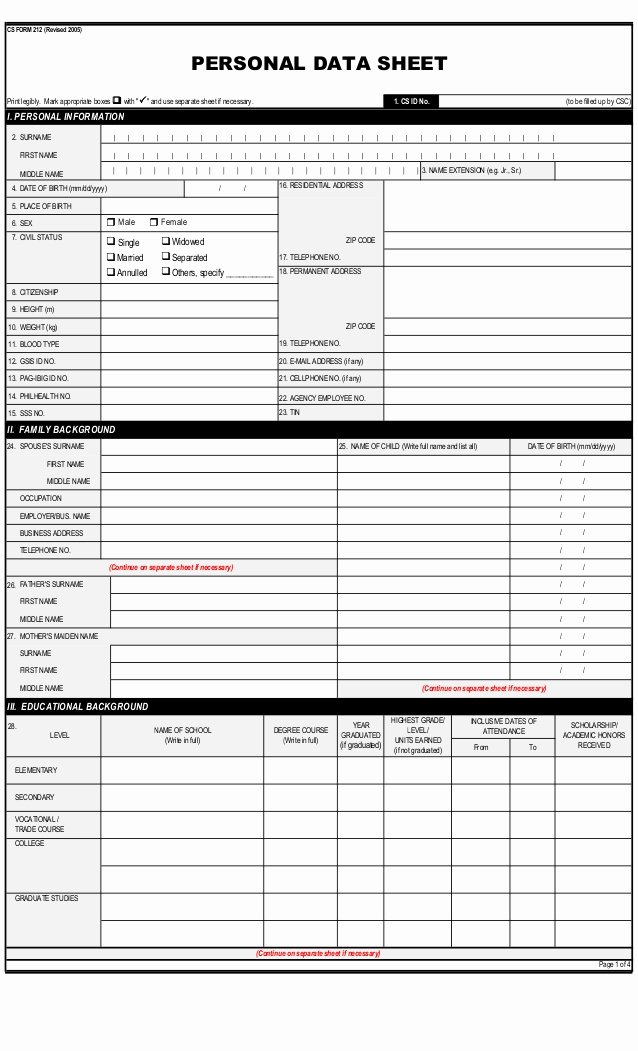 Personal Data Sheet format New Personal Data Sheet Pds 2005 Revised