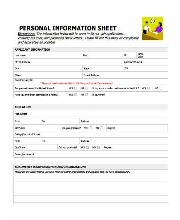 Personal Data Sheet forms Lovely 49 Information Sheet Samples