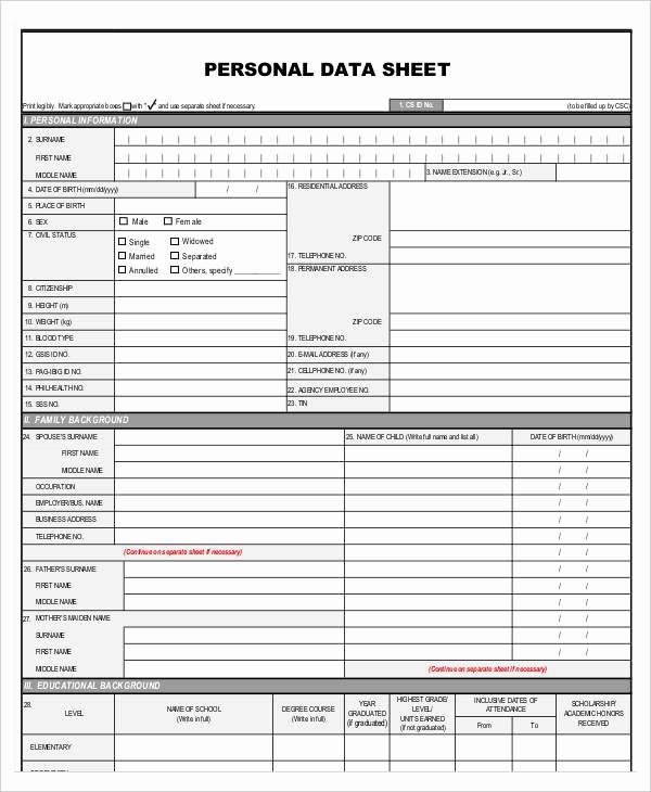 Personal Data Sheet forms Luxury 28 Sheet Templates In Word