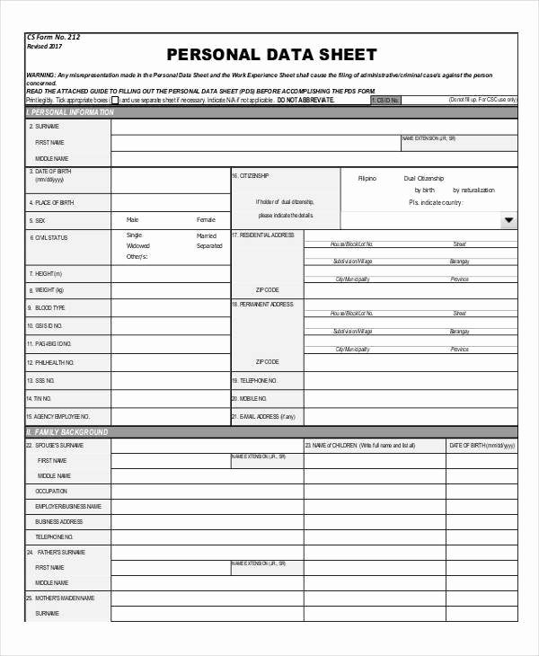 Personal Data Sheet forms Unique 26 Data Sheet Templates Free Sample Example format