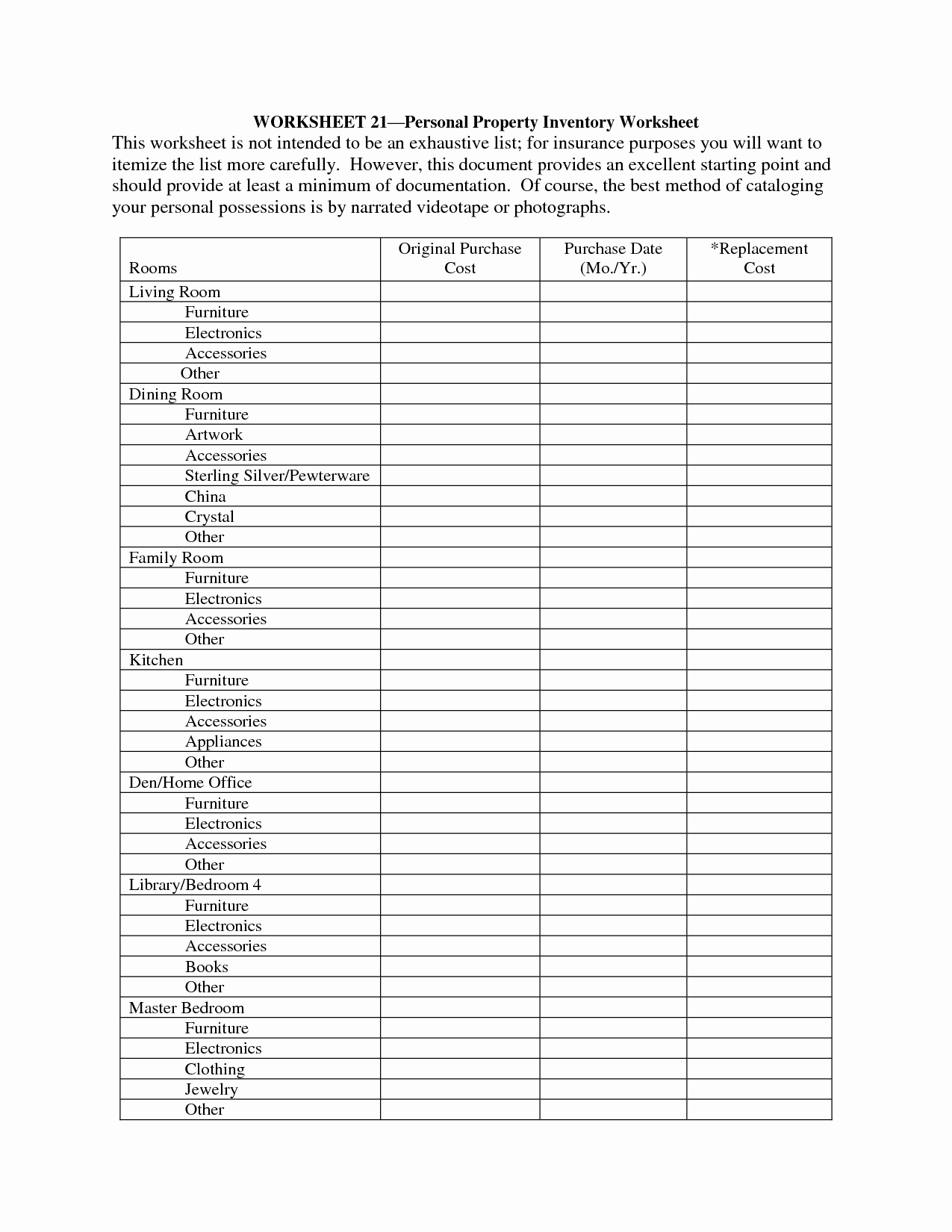Personal Property Inventory Sheet Awesome Personal Financial Inventory Worksheet