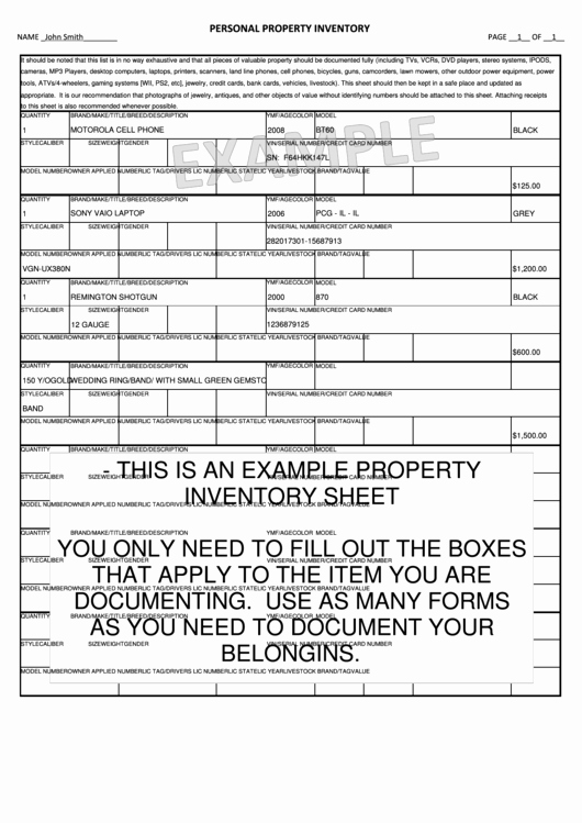 Personal Property Inventory Sheet Inspirational Personal Property Inventory Sheet Example Printable Pdf