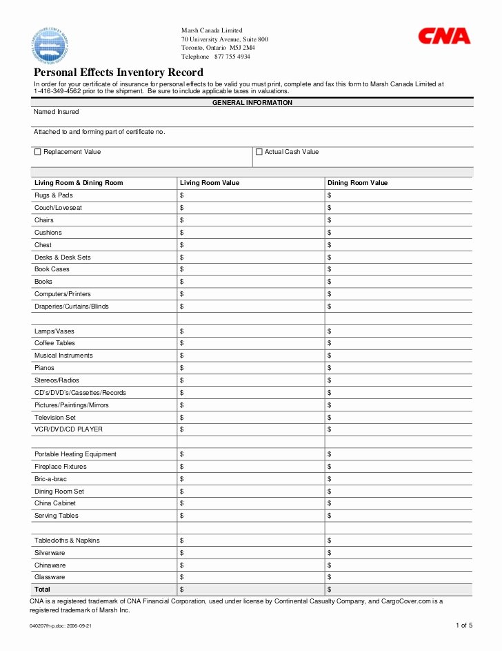 Personal Property Inventory Sheet New Valued Inventory Beltinexpress Insurance Claim form