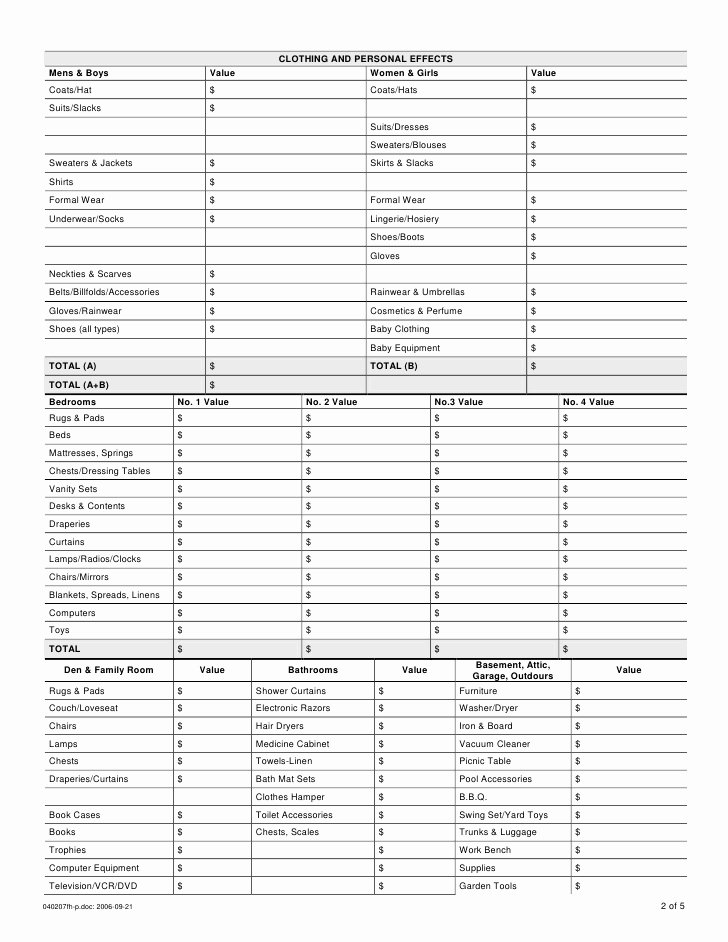 Personal Property Inventory Sheet Unique Personal Effects Inventory Record 4 Client