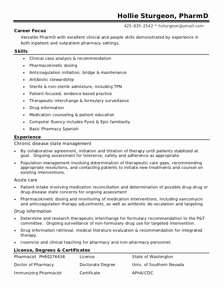 Pharmacist Curriculum Vitae Examples New Resume 2012