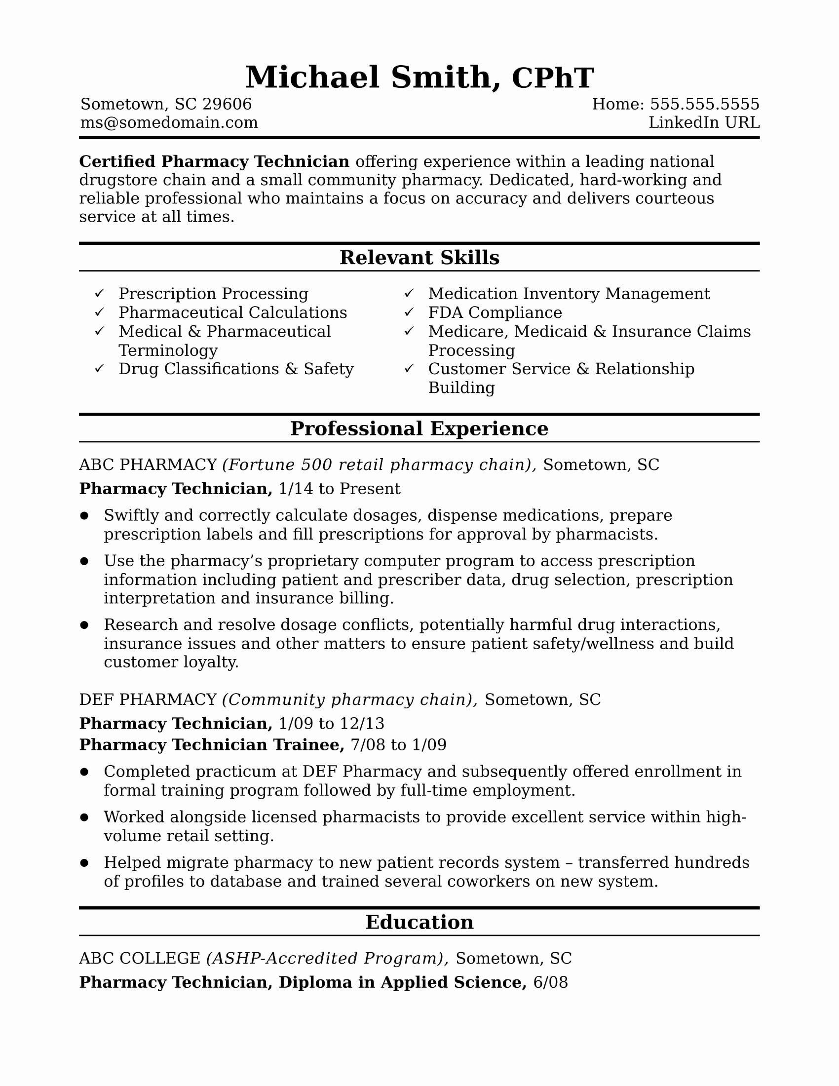 Pharmacy Curriculum Vitae Examples Inspirational Midlevel Pharmacy Technician Resume Sample