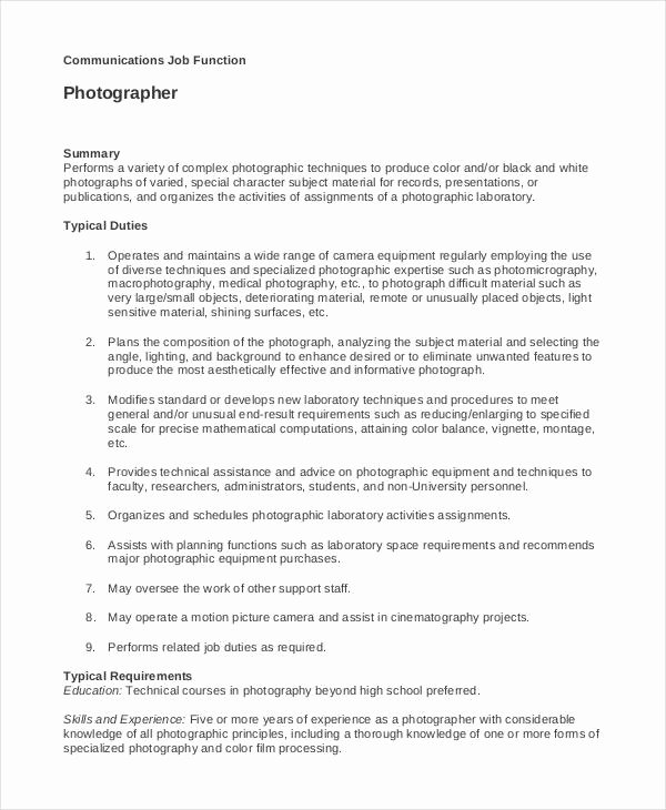 Photographer Job Description Sample Fresh 10 Grapher Job Description Templates Pdf Doc