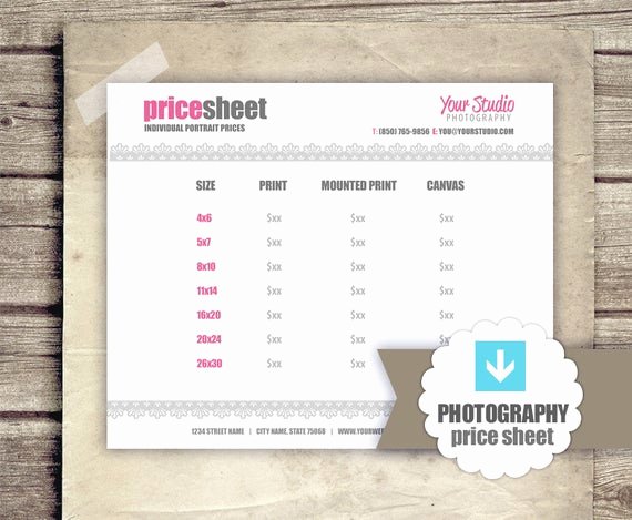 Photography Price List Template Free Awesome Graphy Business forms Prints Price Sheet for