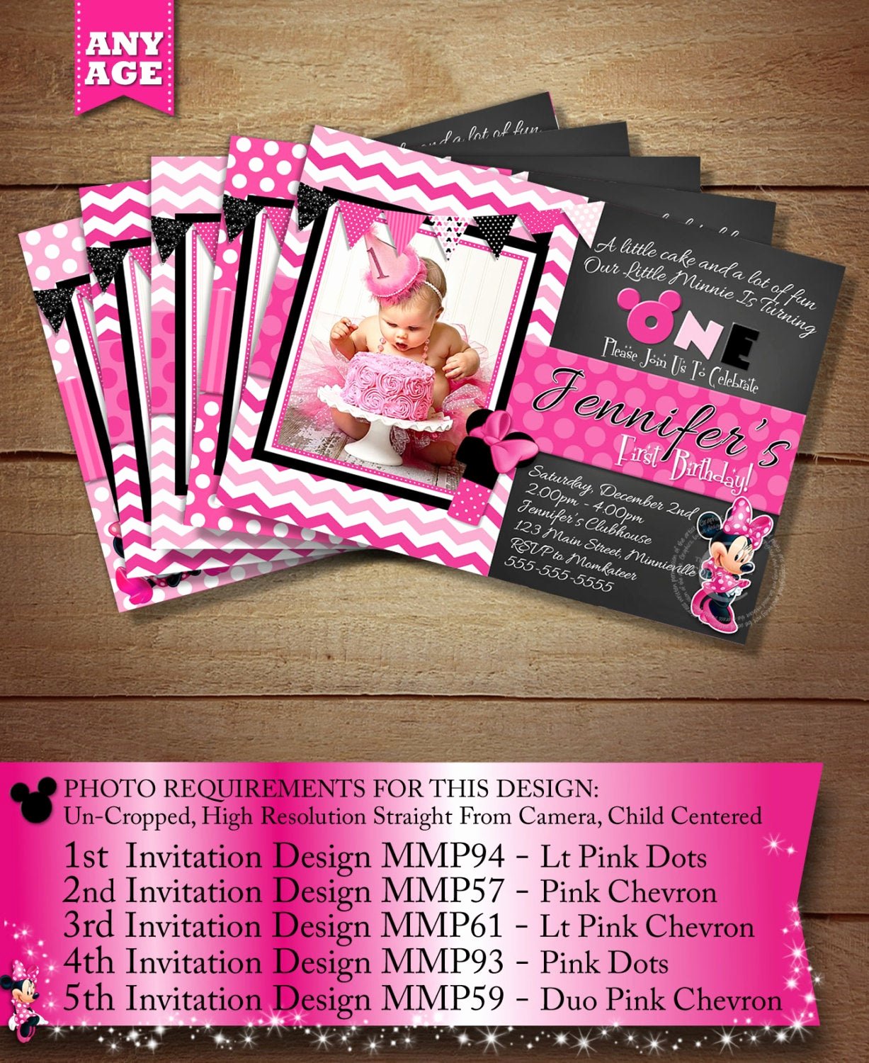 Pink Minnie Mouse Invitations Beautiful Huge Selection Pink Chevron Minnie Mouse Birthday Invitation