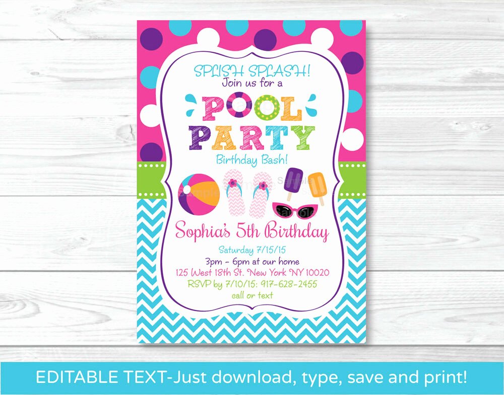 Pool Party Invitations Free Printable Elegant Girls Pool Party Printable Birthday Invitation Editable