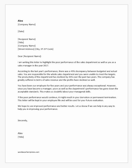 Poor Performance Review Samples Fresh Letter to Sales Manager for Poor Performance