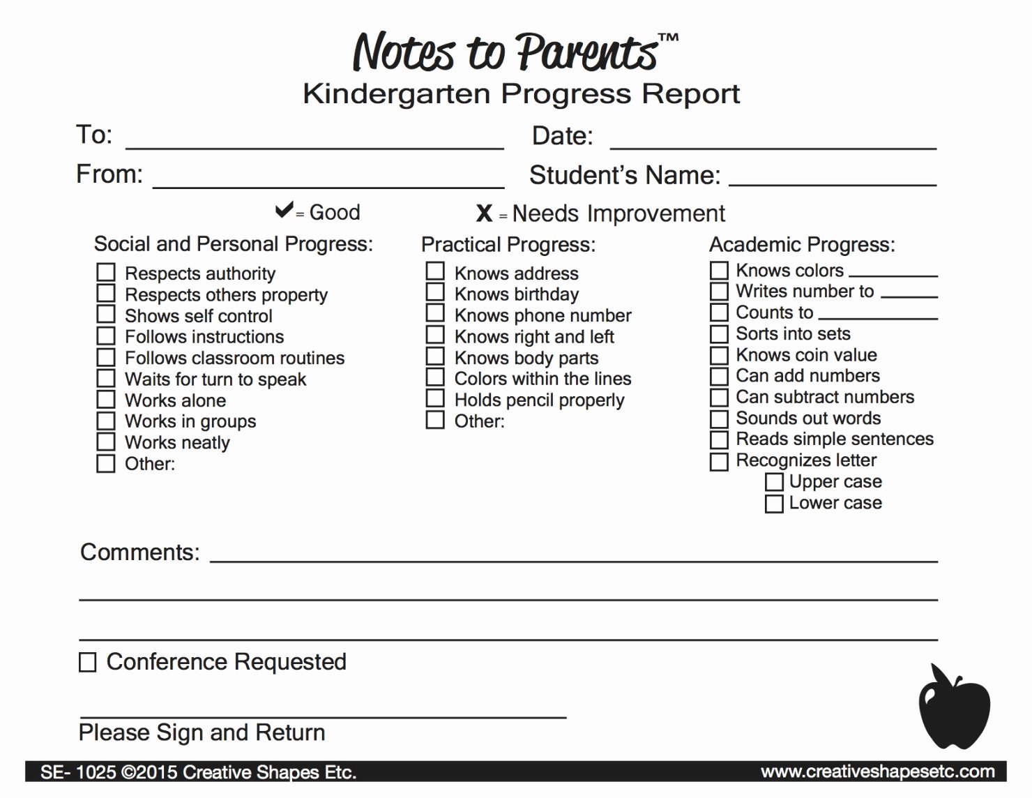 Preschool Progress Reports Templates Beautiful Creative Shapes Notes to Parents Kindergarten Progress