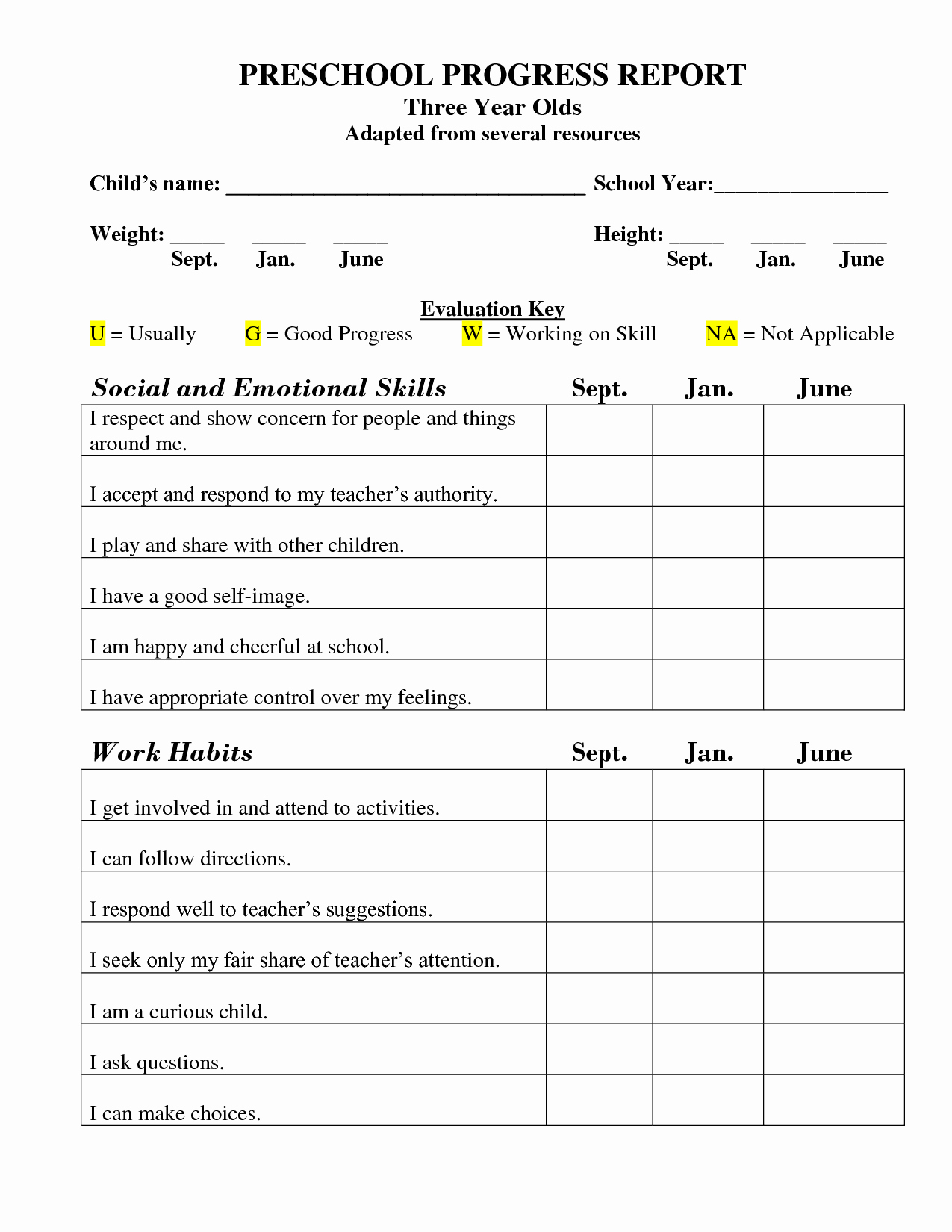 Preschool Progress Reports Templates Fresh Printable Preschool Progress Report Template Kg