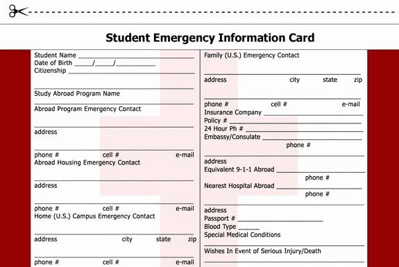 Printable Emergency Contact Card Luxury Student Emergency Information Card