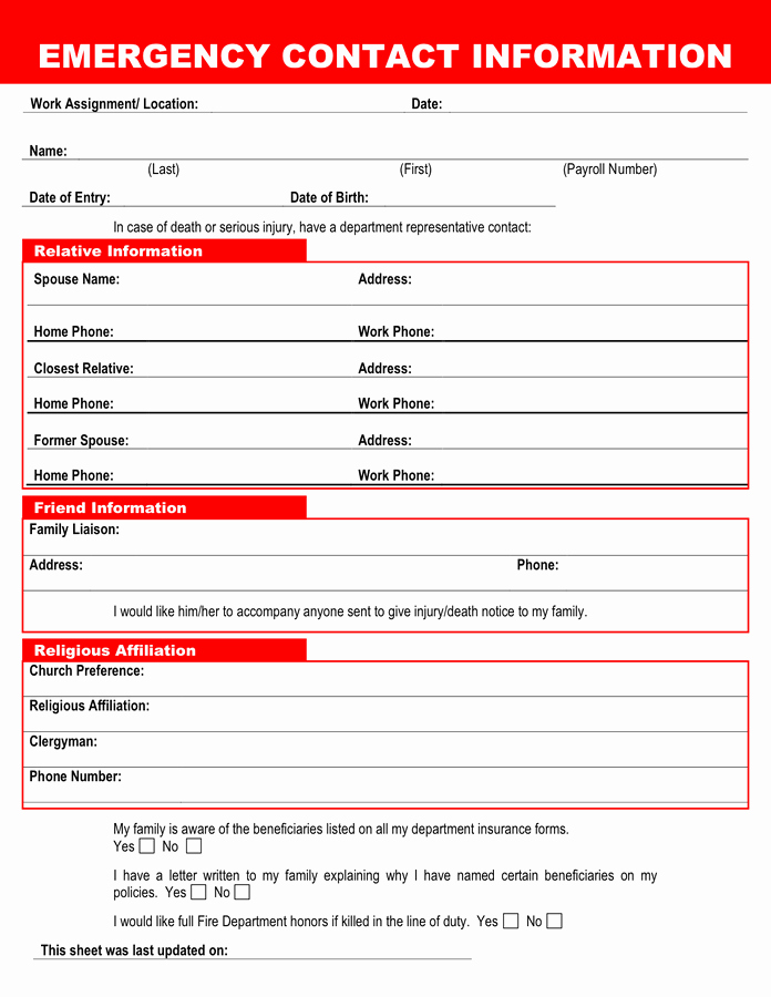Printable Emergency Contact form Elegant Emergency Contact form In Word and Pdf formats