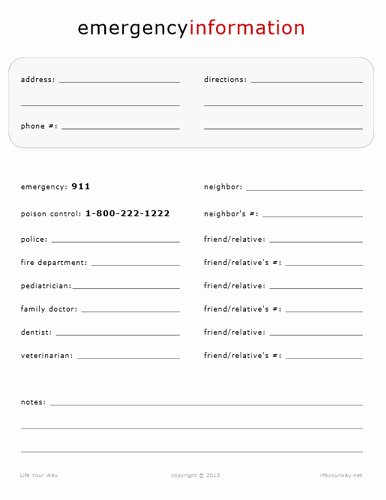 Printable Emergency Contact form Elegant Emergency Information