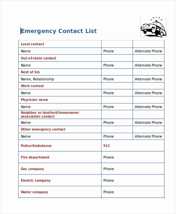 Printable Emergency Contact List Beautiful 61 Printable List Template
