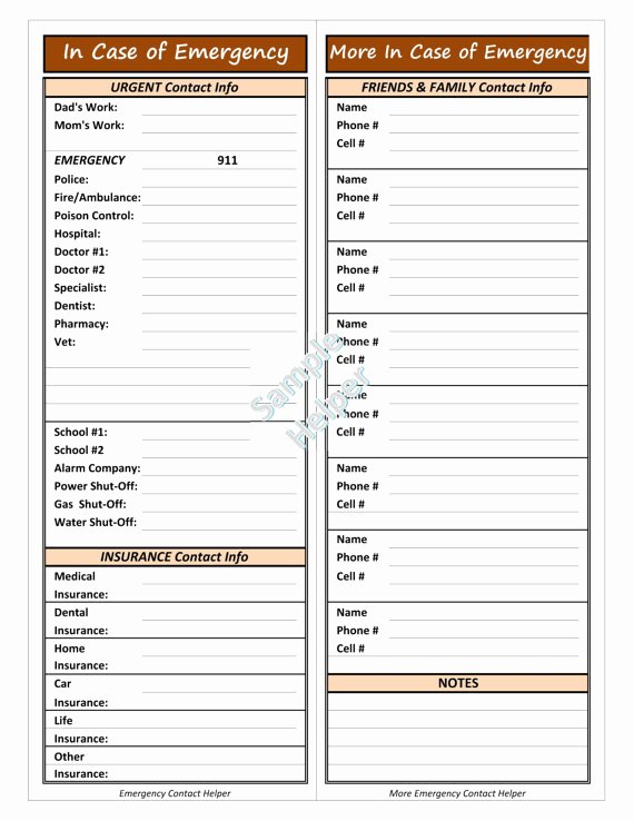 Printable Emergency Contact List Lovely In Case Of Emergency Helper Printable Emergency Contact