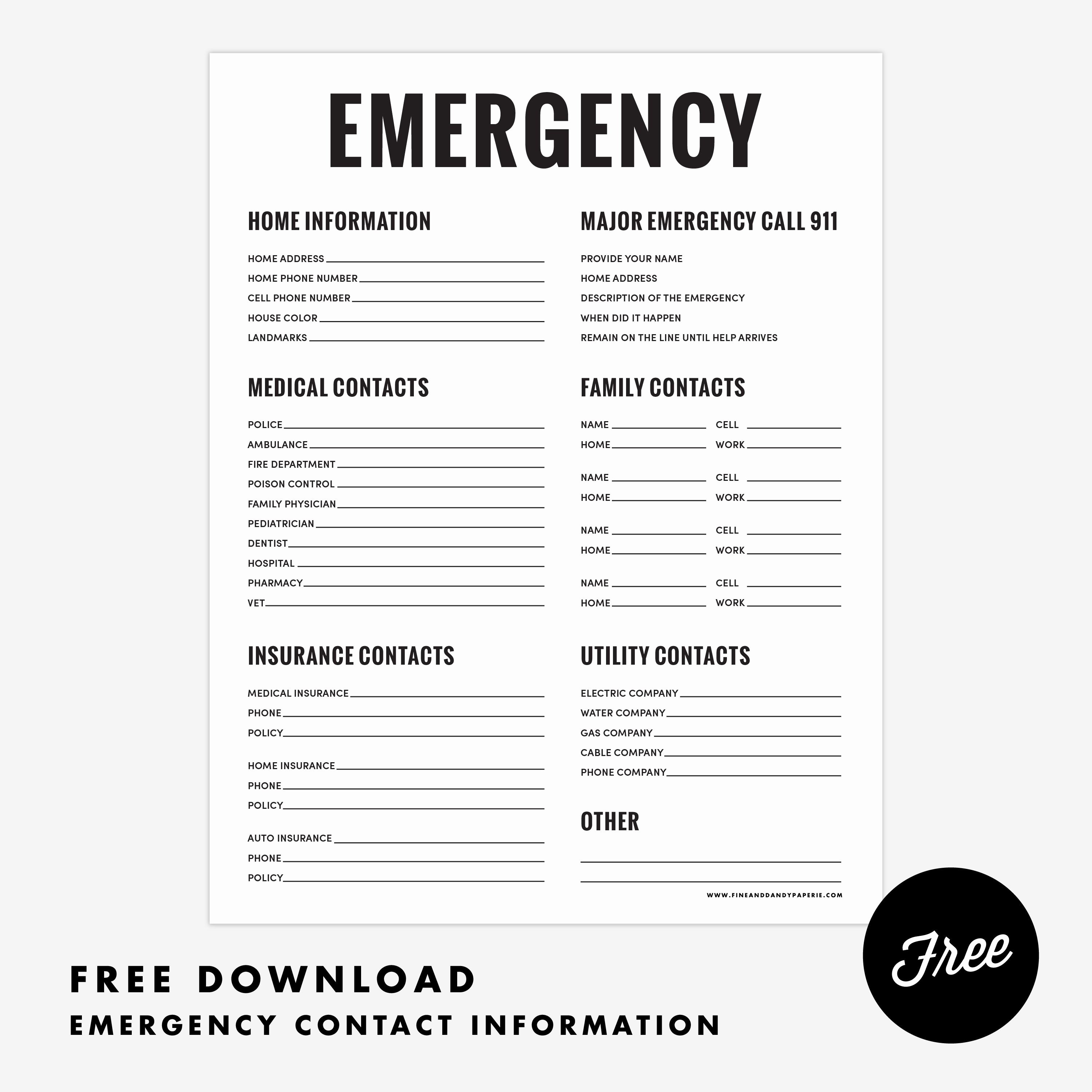 Printable Emergency Contact List New Fine &amp; Dandy Freebies Emergency Contact Sheet Printable