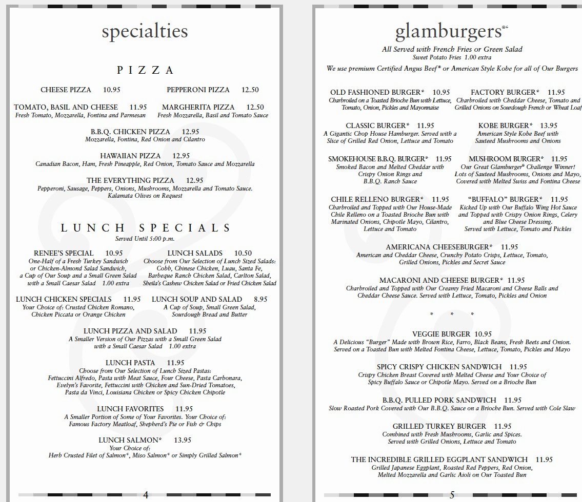 Printable Menu with Prices Inspirational Menu for the Cheesecake Factory 620 E Las Olas Blvd fort